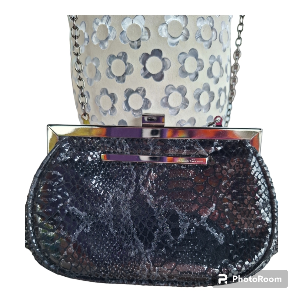 Kenneth Cole Black Leather Clutch Evening Bag with Kiss lock